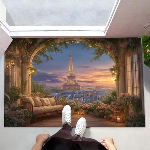 MLSOWM Fußmatte Innen & Außen 40x60 cm Eiffelturm Sonnenuntergang Waschbare Fußabtreter Romantisches Paris Schmutzfangmatte Rutschfester Fussabtreter Dünne Fußmatte für Flur, Eingang, Tür, Braun von MLSOWM