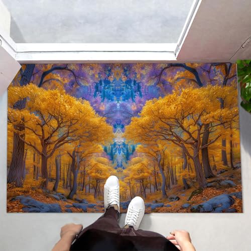 MLSOWM Fußmatte Innen & Außen 50x80 cm Herbstwald Waschbare Fußabtreter Fantasielandschaft Schmutzfangmatte Rutschfester Fussabtreter Dünne Fußmatte für Flur, Eingang, Tür, Gelb von MLSOWM