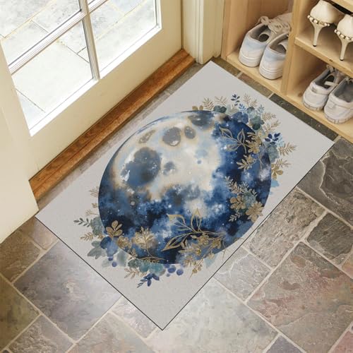 MLSOWM Fußmatte Innen & Außen 50x80 cm Runder Mond Waschbare Fußabtreter Abstrakte Blätter Schmutzfangmatte Rutschfester Fussabtreter Dünne Fußmatte für Flur, Eingang, Tür, Grau von MLSOWM