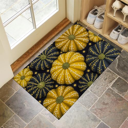 MLSOWM Fußmatte Innen & Außen 60x120 cm Handbemalte Kürbisse Waschbare Fußabtreter Pointillismus Schmutzfangmatte Rutschfester Fussabtreter Dünne Fußmatte für Flur, Eingang, Tür, Gelb von MLSOWM
