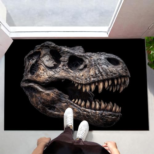 MLSOWM Fußmatte Innen & Außen 60x120 cm Tyrannosaurus Rex Waschbare Fußabtreter Tierschädel Schmutzfangmatte Rutschfester Fussabtreter Dünne Fußmatte für Flur, Eingang, Tür, Schwarz von MLSOWM