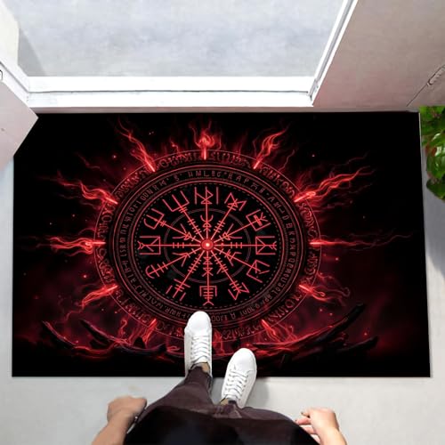 MLSOWM Fußmatte Innen & Außen 60x120 cm Wikinger-Runen Waschbare Fußabtreter Leuchtender Kreis Schmutzfangmatte Rutschfester Fussabtreter Dünne Fußmatte für Flur, Eingang, Tür, Rot von MLSOWM