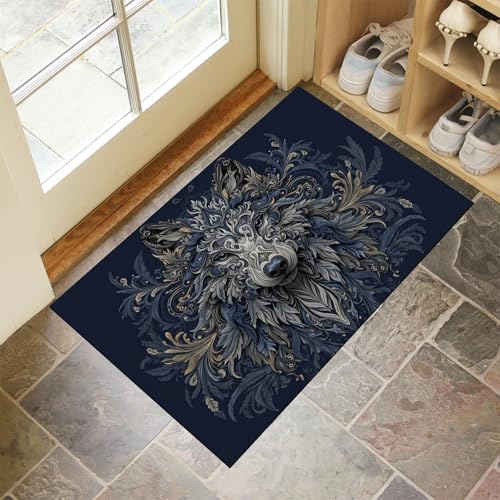 MLSOWM Fußmatte Innen & Außen 60x120 cm Wolfskopf Waschbare Fußabtreter Filigraner Wirbel Schmutzfangmatte Rutschfester Fussabtreter Dünne Fußmatte für Flur, Eingang, Tür, Dunkelblau von MLSOWM