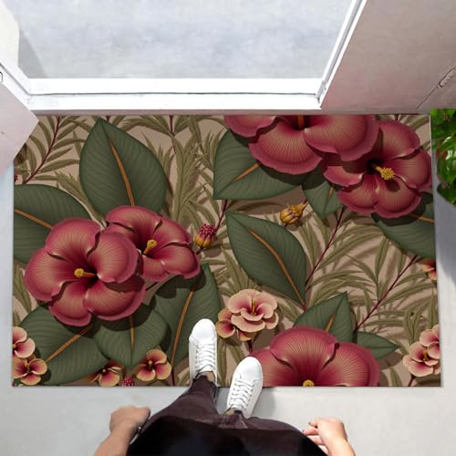 MLSOWM Fußmatte Innen & Außen 60x90 cm Grüne Blätter Und Blüten Waschbare Fußabtreter Retro-Stil Schmutzfangmatte Rutschfester Fussabtreter Dünne Fußmatte für Flur, Eingang, Tür, Rot von MLSOWM