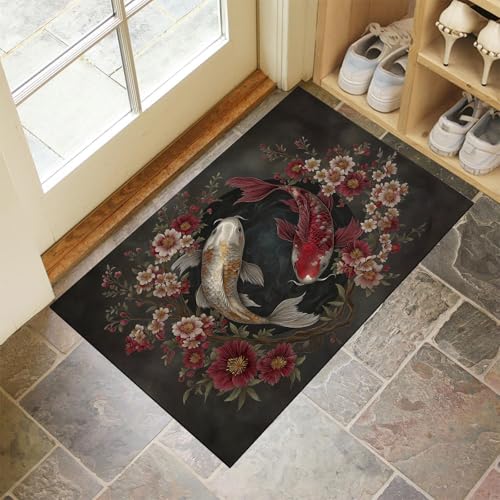 MLSOWM Fußmatte Innen & Außen 60x90 cm Kirschblüten-Koi Waschbare Fußabtreter Yin-Yang-Diagramm Schmutzfangmatte Rutschfester Fussabtreter Dünne Fußmatte für Flur, Eingang, Tür, Rot von MLSOWM