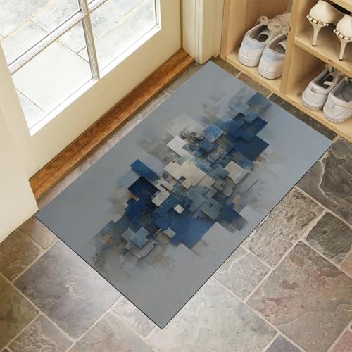 MLSOWM Fußmatte Innen & Außen 60x90 cm Neutrale Farbblöcke Waschbare Fußabtreter Abstraktes Stadtbild Schmutzfangmatte Rutschfester Fussabtreter Dünne Fußmatte für Flur, Eingang, Tür, Blaugrau von MLSOWM