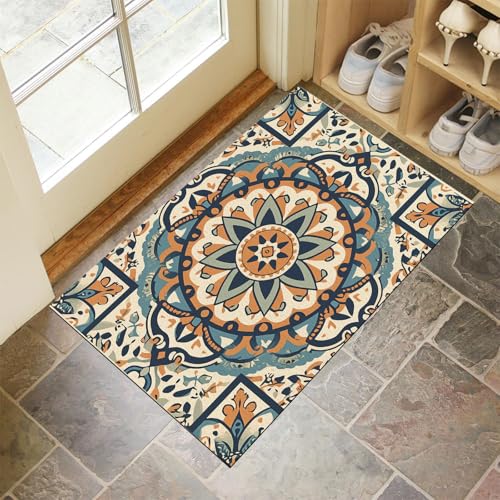MLSOWM Fußmatte Innen & Außen 80x120 cm Indische Mandala-Kunst Waschbare Fußabtreter Wunderschöne Grenze Schmutzfangmatte Rutschfester Fussabtreter Dünne Fußmatte für Flur, Eingang, Tür, Creme von MLSOWM