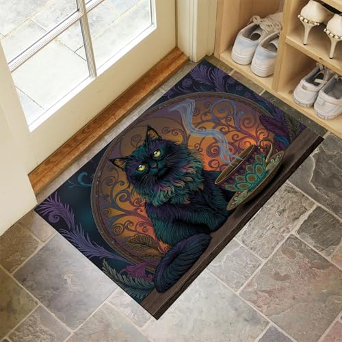 MLSOWM Fußmatte Innen & Außen 80x120 cm Wunderschöne Schwarze Katze Waschbare Fußabtreter Buntglasfenster Schmutzfangmatte Rutschfester Fussabtreter Dünne Fußmatte für Flur, Eingang, Tür, Braun von MLSOWM