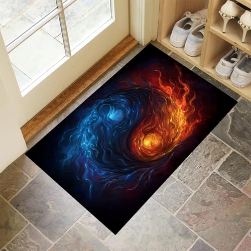 MLSOWM Fußmatte Innen & Außen 80x120 cm Yin-Yang-Symbol Waschbare Fußabtreter Eisblaue Elemente Schmutzfangmatte Rutschfester Fussabtreter Dünne Fußmatte für Flur, Eingang, Tür, Orange von MLSOWM