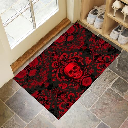 MLSOWM Fußmatte Innen & Außen 90x150 cm Blumenschädel Waschbare Fußabtreter Wunderschöner Brokat Schmutzfangmatte Rutschfester Fussabtreter Dünne Fußmatte für Flur, Eingang, Tür, Rot von MLSOWM
