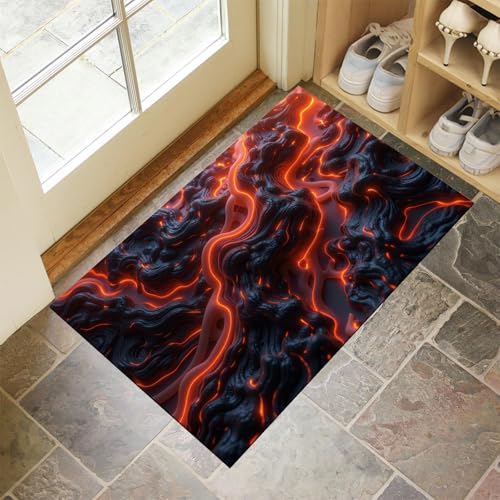 MLSOWM Fußmatte Innen & Außen 90x150 cm Lava Waschbare Fußabtreter Vulkanausbruch-Illusion Schmutzfangmatte Rutschfester Fussabtreter Dünne Fußmatte für Flur, Eingang, Tür, Schwarz und Rot von MLSOWM