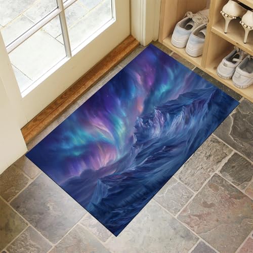 MLSOWM Fußmatte Innen & Außen 90x150 cm Nordlicht Waschbare Fußabtreter Fantasie Schneeberg Schmutzfangmatte Rutschfester Fussabtreter Dünne Fußmatte für Flur, Eingang, Tür, Blau von MLSOWM