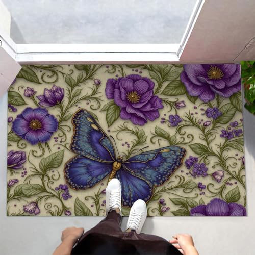 MLSOWM Fußmatte Innen & Außen 90x150 cm Weinblumen Waschbare Fußabtreter Handgezeichnete Schmetterlinge Schmutzfangmatte Rutschfester Fussabtreter Dünne Fußmatte für Flur, Eingang, Tür, Salbeigrün von MLSOWM