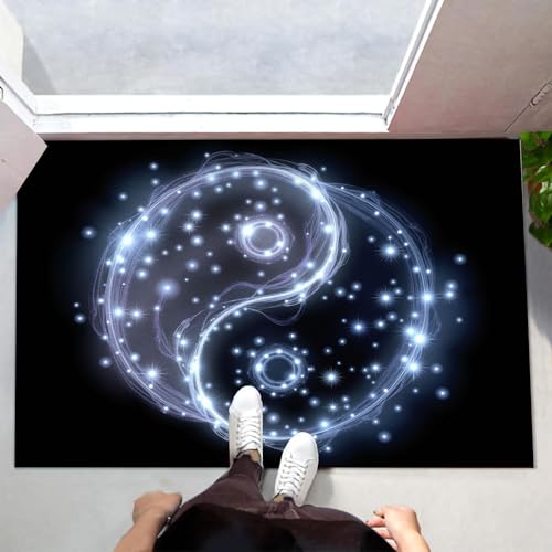 MLSOWM Fußmatte Innen & Außen 90x150 cm Yin-Yang-Symbol Waschbare Fußabtreter Abstrakte Linien Schmutzfangmatte Rutschfester Fussabtreter Dünne Fußmatte für Flur, Eingang, Tür, Schwarz und Weiß von MLSOWM