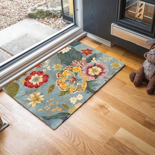 MLSOWM Fußmatte Landhausstil, Sauberlaufmatte Üppige Blumen, Rutschfester Türmatte Innen 40 x 60 cm, Waschbar Fussmatte, pflegeleicht robust Fußabtreter für Haustür, Eingang - Grau von MLSOWM