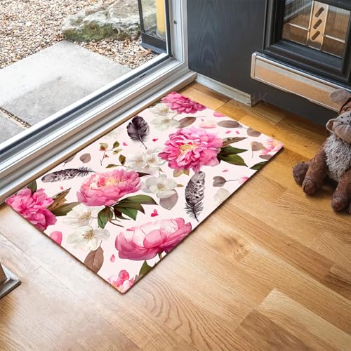 MLSOWM Fußmatte Landhausstil 40 x 60 cm Innen und Außen Waschbar Fussmatte Aquarell Pfingstrosen Wasserdicht Türmatte Rutschfester Schmutzfänger Teppich für Eingang, Haustür, Patio, Flur - Rosa von MLSOWM