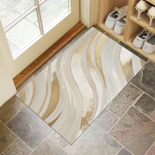 MLSOWM Fußmatte Metallstruktur, Wetterfeste Schmutzfangmatte Goldene Wellen mit Rutschfester Rückseite für Innen & Außenbereich Türmatte für Eingang Haustür Flur, 90 x 150 cm, Hellgrau von MLSOWM