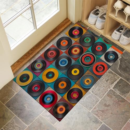 MLSOWM Fußmatte Musikkunst 60x120 cm Innen und Außen Waschbar Fussmatt Retro-Vinyl-Schallplatten Rutschfester Teppich Schmutzfangmatte für Eingang, Haustür, Patio, Flur, Mehrfarbig von MLSOWM