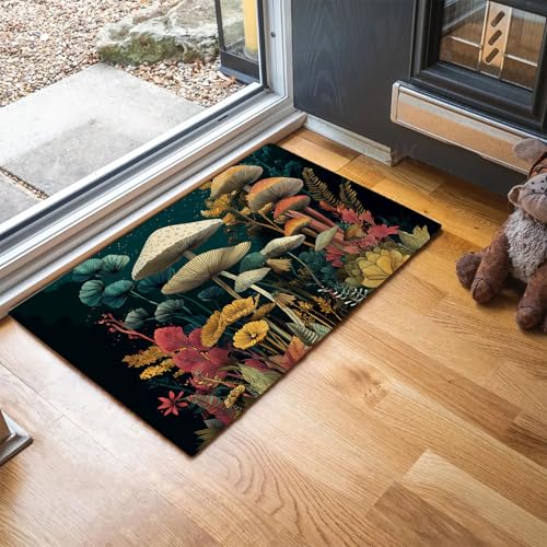 MLSOWM Fußmatte Retro-Illustrationen, Wetterfeste Schmutzfangmatte Pilze Und Pflanzen mit Rutschfester Rückseite für Innen & Außenbereich Türmatte für Eingang Haustür Flur, 90 x 150 cm, Blaugrün von MLSOWM