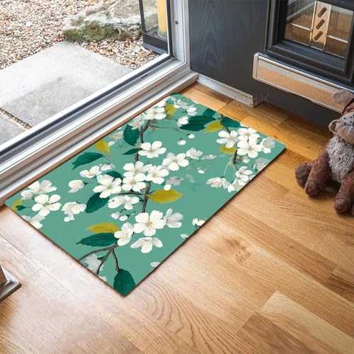 MLSOWM Fußmatte Retro-Stil, Wetterfeste Schmutzfangmatte Kirschblüten und Blätter mit Rutschfester Rückseite für Innen & Außenbereich Türmatte für Eingang Haustür Flur, 90 x 150 cm, Mintgrün von MLSOWM