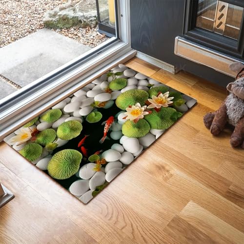 MLSOWM Fußmatte Teichkiesel 90 x 150 cm Innen und Außen Waschbar Fussmatte Grüne Lotusblätter Wasserdicht Türmatte Rutschfester Schmutzfänger Teppich für Eingang, Haustür, Patio, Flur - Grün von MLSOWM