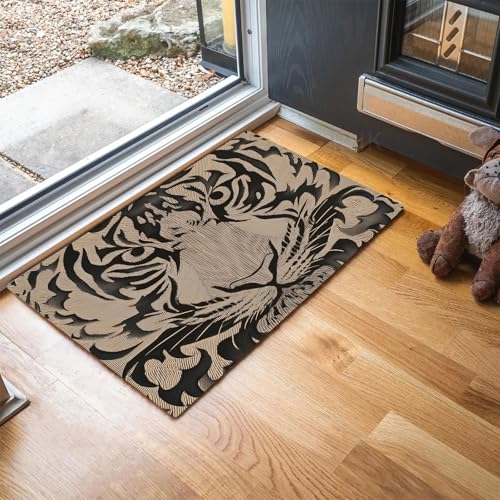 MLSOWM Fußmatte Tigergesicht 60 x 90 cm Innen und Außen, Tierfilzdrucke Waschbar Fussmatt, Rutschfester Türmatte, Schmutzfänger Teppich für Eingang, Haustür, Patio, Flur, Garten - Dunkelbraun von MLSOWM