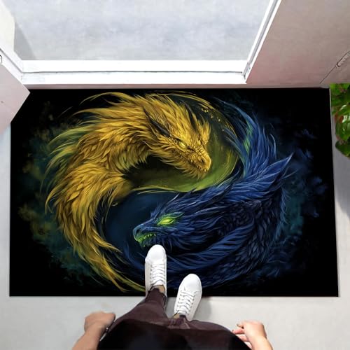 MLSOWM Fußmatte Yin-Yang-Symbol 60x120 cm Innen und Außen Waschbar Fussmatt Zwei Drachen Rutschfester Teppich Schmutzfangmatte für Eingang, Haustür, Patio, Flur, Dunkelblau von MLSOWM