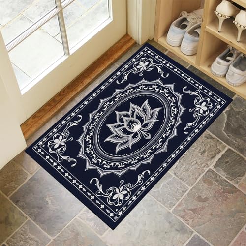 MLSOWM Fußmatte außen und innen, 60x120 cm Zyklongrenze rutschfest Sauberlaufmatte Mandala Und Lotus Waschbar Dünn Fußabtreter Willkommens Eingangsteppich für Haustür, Flur, Patio, Dunkelblau von MLSOWM