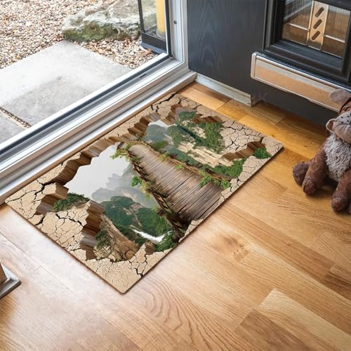 MLSOWM Fußmatten 3D-Höhle für Innen und Außen, Waschbar Fussmatte Holzbrücke auf dem Berggipfel, Rutschfester Schmutzfänger Teppich für Eingangsbereich & Außenbereich, 80 x 120 cm, Braun von MLSOWM