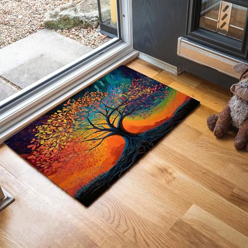MLSOWM Fußmatten Aurora-Effekt für Innen und Außen, Waschbar Fussmatte Baum des Lebens, Rutschfester Schmutzfänger Teppich für Eingangsbereich & Außenbereich, 40 x 60 cm, Orange von MLSOWM