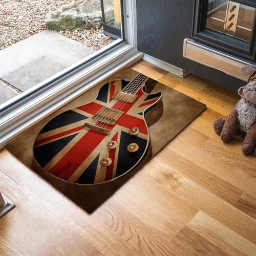MLSOWM Fußmatten Britische Flagge für Innen und Außen, Waschbar Fussmatte Vintage-Gitarre, Rutschfester Schmutzfänger Teppich für Eingangsbereich & Außenbereich, 60 x 90 cm, Braun von MLSOWM