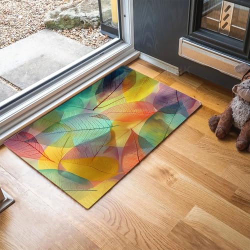 MLSOWM Fußmatten Bunte Blattadern für Innen und Außen, Waschbar Fussmatte Transparente Blätter, Rutschfester Schmutzfänger Teppich für Eingangsbereich & Außenbereich, 60 x 90 cm, Hellgrün von MLSOWM