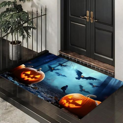 MLSOWM Fußmatten Halloween-Wald für Innen und Außen, Waschbar Fussmatte Krähe Und Kürbis, Rutschfester Schmutzfänger Teppich für Eingangsbereich & Außenbereich, 40 x 60 cm, Grau-Blau von MLSOWM