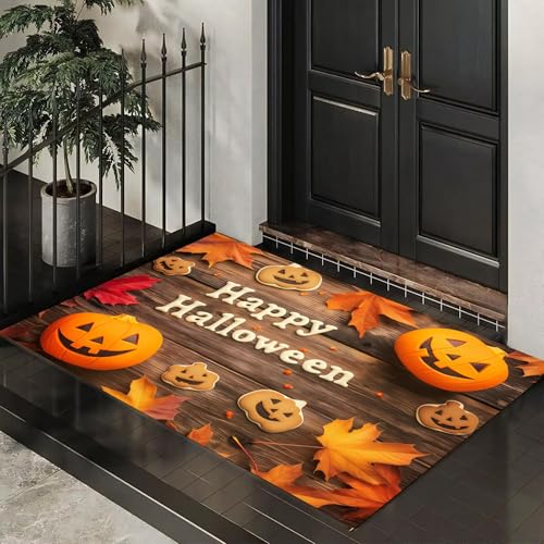MLSOWM Fußmatten Halloween für Innen und Außen, Waschbar Fussmatte Kürbisplätzchen Herbstblätter, Rutschfester Schmutzfänger Teppich für Eingangsbereich & Außenbereich, 60 x 90 cm, Braun von MLSOWM