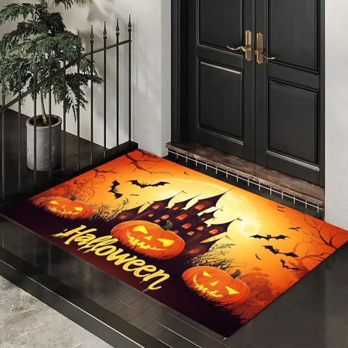 MLSOWM Fußmatten Halloween für Innen und Außen, Waschbar Fussmatte Kürbisse Und Burgen, Rutschfester Schmutzfänger Teppich für Eingangsbereich & Außenbereich, 60 x 90 cm, Orange MLSOWM Fußmatten Halloween für Innen und Außen, Waschbar Fussmatte Kürbisse Und Burgen, Rutschfester Schmutzfänger Teppich für Eingangsbereich & Außenbereich, 60 x 90 cm, Orange von MLSOWM