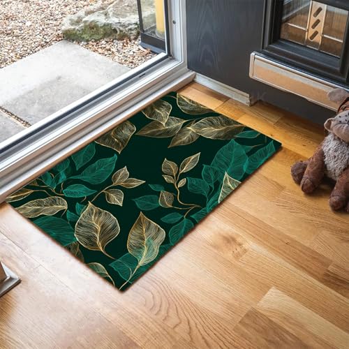 MLSOWM Fußmatten Luxuriöses Design für Innen und Außen, Waschbar Fussmatte Handgemalte Blätter, Rutschfester Schmutzfänger Teppich für Eingangsbereich & Außenbereich, 50 x 80 cm, Smaragdgrün von MLSOWM