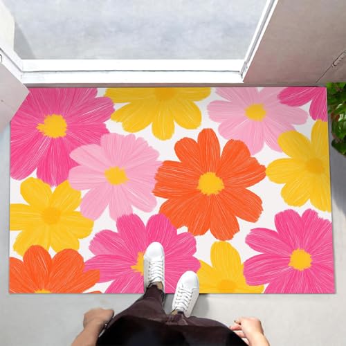 MLSOWM Gänseblümchen Fußmatte Innen 60x90 cm Schmutzfangmatte Innen rutschfest Handgemalte Blumen Fußmatte Waschbar Saugstarke Eingangsteppich Dünne Türmatte für Eingang, Haustür - Phosphor von MLSOWM