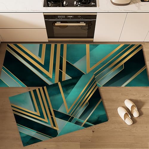 MLSOWM Goldene Linien Küchenteppich Sets, 2 Stück rutschfeste Abstrakte Geometrie Küchenmatten und Teppiche Läuferset, Gummibacking Super Absorbierende Waschbare Bodenmatten, 40x60cm+40x120cm Grün MLSOWM Goldene Linien Küchenteppich Sets, 2 Stück rutschfeste Abstrakte Geometrie Küchenmatten und Teppiche Läuferset, Gummibacking Super Absorbierende Waschbare Bodenmatten, 40x60cm+40x120cm Grün von MLSOWM