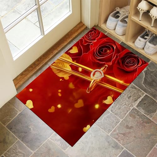 MLSOWM Goldener Pfeil Ehering Fußmatte Innen 60 x 90 cm Schmutzfangmatte Innen rutschfest Romantische Rose Fußmatte Waschbar Saugstarke Eingangsteppich Dünne Türmatte für Eingang, Haustür - Rot von MLSOWM