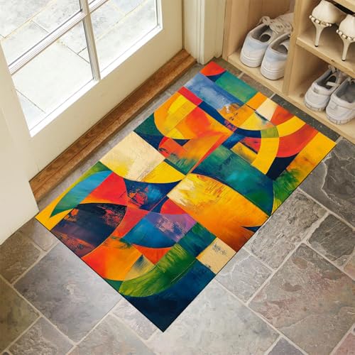 MLSOWM Graffiti Geometrisch Fußmatte Innen 60 x 90 cm Schmutzfangmatte Innen rutschfest Abstraktes Ölgemälde Fußmatte Waschbar Saugstarke Eingangsteppich Dünne Türmatte für Eingang, Haustür - Orange von MLSOWM