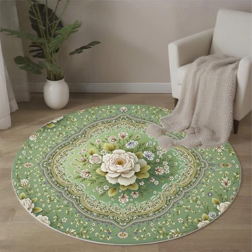 MLSOWM Indische Blumen Waschbarer Teppich Rund 100 cm Runder Rutschfester Tepich Traditionelles Persisch Kurzflor Teppiche für Wohnzimmer Schlafzimmer Esszimmer Büro, Smaragdgrün von MLSOWM