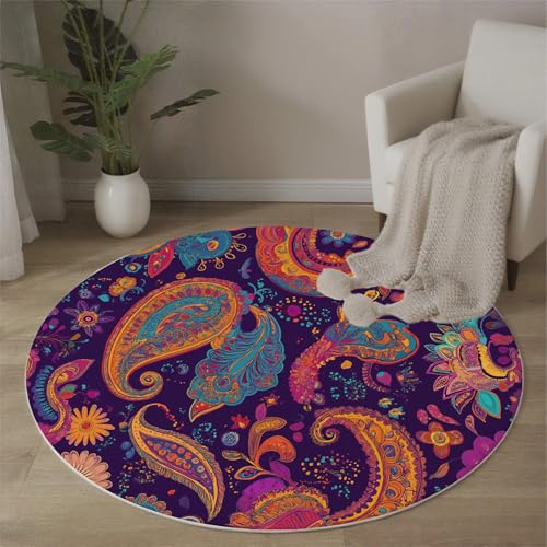 MLSOWM Indisches Thema Teppich Rund 60 cm rutschfest Teppiche Paisley-Muster Waschbar Rund Teppiche Kurzflor Runder Teppich for Wohnzimmer Schlafzimmer Studie Heimbüro, Dunkelviolett von MLSOWM