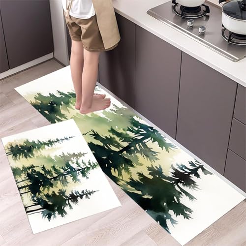 MLSOWM Küchenläufer 2 Stück 43x75cm+43x120cm, Küchenteppich Aquarell Kiefer Waschbar rutschfest Küchenmatten Saugfähig Clipart-Stil, Teppich Läufer Grün für Flur, Küche, Eingang von MLSOWM