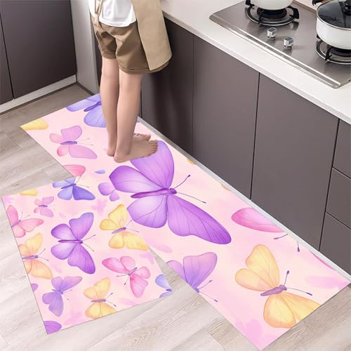 MLSOWM Küchenläufer 2 Stück 43x75cm+43x120cm, Küchenteppich Aquarell Schmetterling Waschbar rutschfest Küchenmatten Saugfähig Verträumter Stil, Teppich Läufer Rosa für Flur, Küche, Eingang MLSOWM Küchenläufer 2 Stück 43x75cm+43x120cm, Küchenteppich Aquarell Schmetterling Waschbar rutschfest Küchenmatten Saugfähig Verträumter Stil, Teppich Läufer Rosa für Flur, Küche, Eingang von MLSOWM