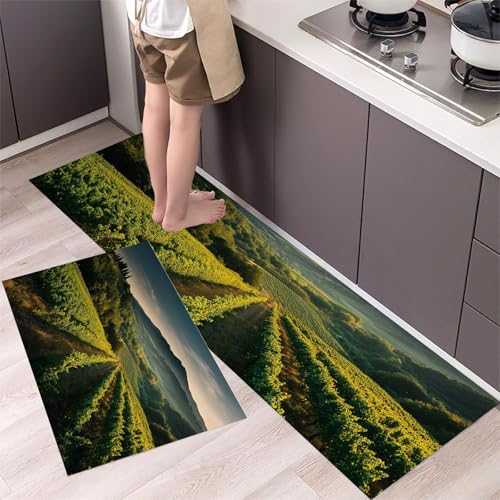 MLSOWM Küchenläufer 2 Stück 43x75cm+43x120cm, Küchenteppich Weinberg Waschbar rutschfest Küchenmatten Saugfähig Italienische Felder, Teppich Läufer Grün für Flur, Küche, Eingang von MLSOWM