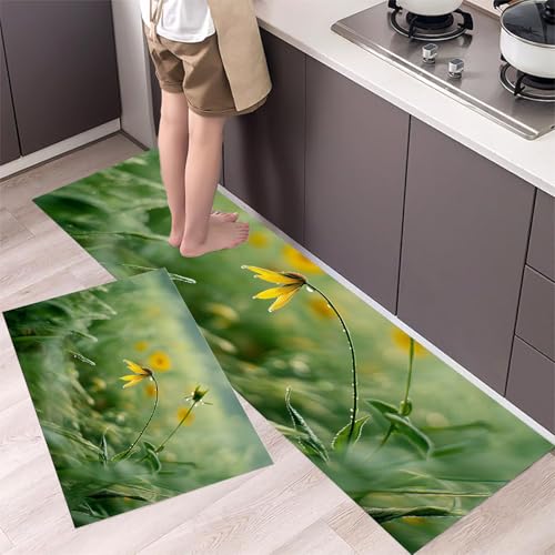 MLSOWM Küchenläufer 2 Stück 43x75cm+43x150cm, Küchenteppich Grünes Gras Waschbar rutschfest Küchenmatten Saugfähig Leere Felder, Teppich Läufer Grün für Flur, Küche, Eingang von MLSOWM