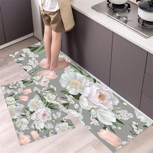 MLSOWM Küchenläufer 2 Stück 43x75cm+43x150cm, Küchenteppich Rosen und Kirschblüten Waschbar rutschfest Küchenmatten Saugfähig Bohème-Stil, Teppich Läufer Anthrazitgrau für Flur, Küche, Eingang von MLSOWM