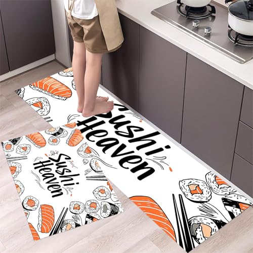 MLSOWM Küchenläufer 2 Stück 43x75cm+43x150cm, Küchenteppich Sushi Und Essstäbchen Waschbar rutschfest Küchenmatten Saugfähig Handgezeichnete Buchstaben, Teppich Läufer Orange für Flur, Küche, Eingang von MLSOWM