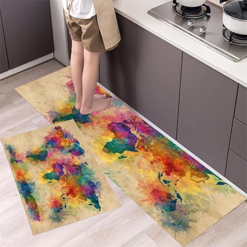 MLSOWM Küchenläufer 2 Stück 43x75cm+43x150cm, Küchenteppich Weltkarte Waschbar rutschfest Küchenmatten Saugfähig Altes Papier, Teppich Läufer Braun für Flur, Küche, Eingang von MLSOWM