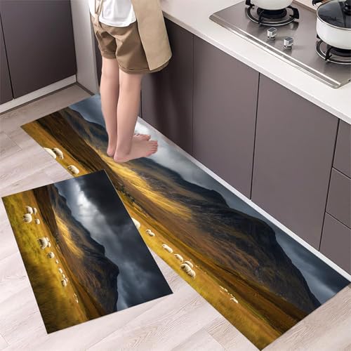 MLSOWM Küchenläufer 2 Stück 43x75cm+43x150cm, Küchenteppich Wildes Schaf Waschbar rutschfest Küchenmatten Saugfähig Schottisches Hochland, Teppich Läufer Braun für Flur, Küche, Eingang von MLSOWM